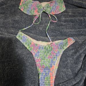 Smocked Multicolor Floral Bikini Set in Green and Blue